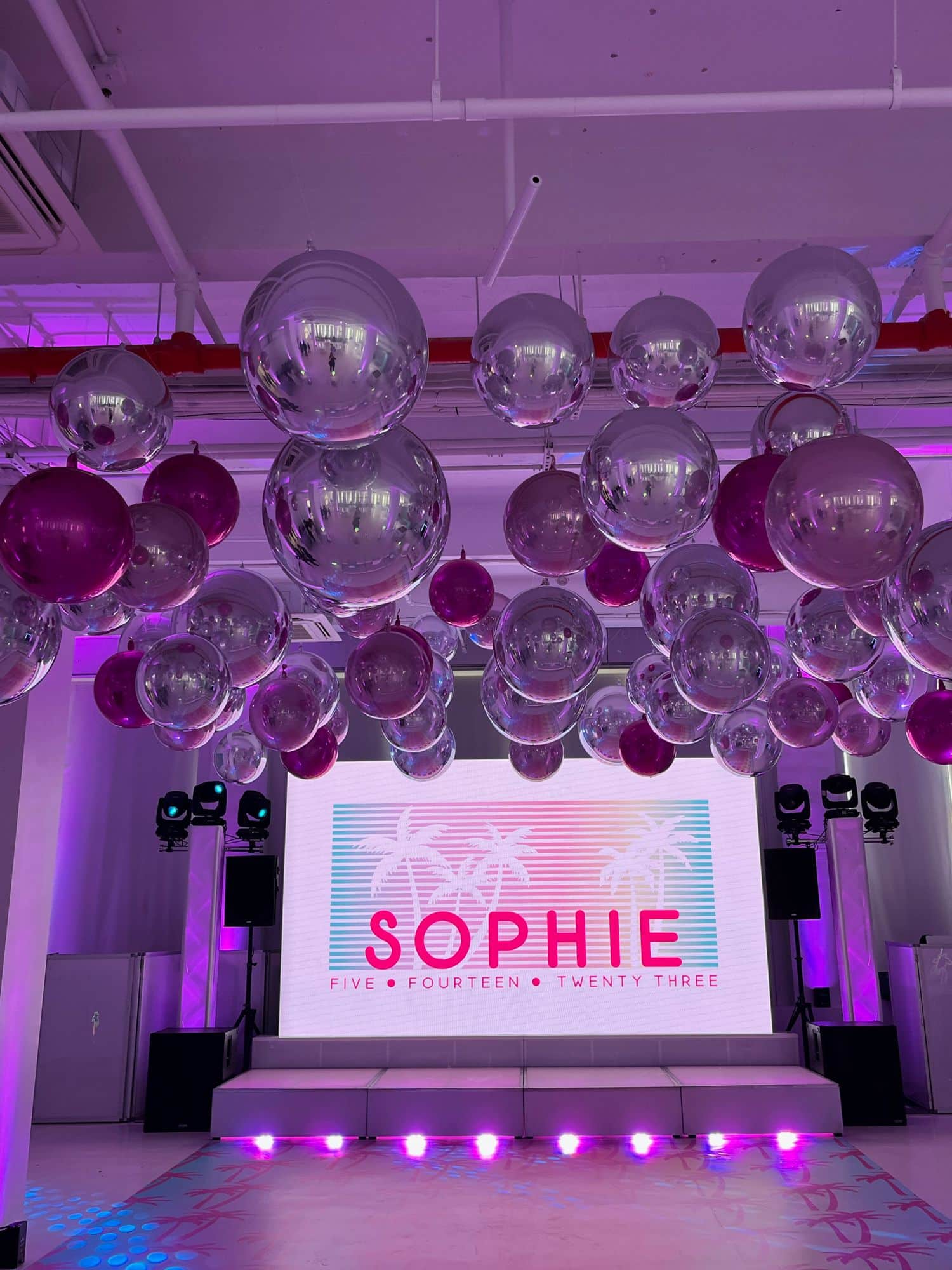 Pink and Silver Metallic Orbs Ceiling Treatment at Location05, NYC