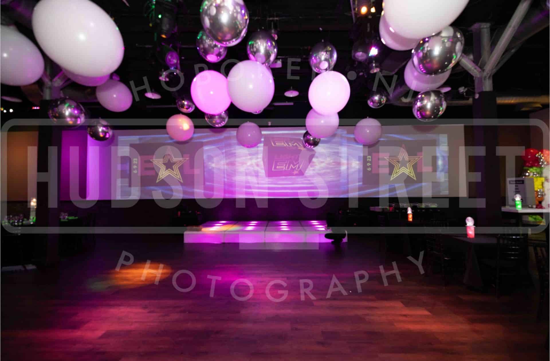 Silver and White Ceiling Balloons over Dance Floor at Vibe, NJ