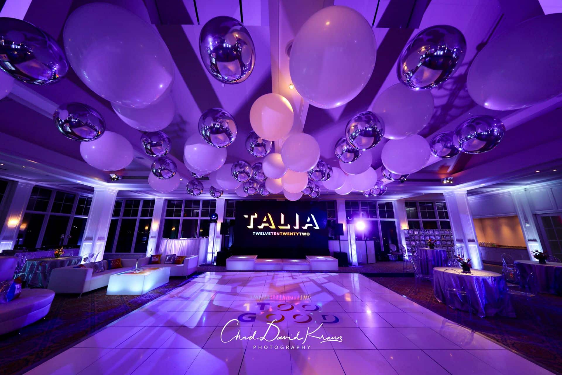 White and Silver Ceiling Balloon Treatment over Dance Floor for Beach Themed Bat Mitzvah at Beach Point Club