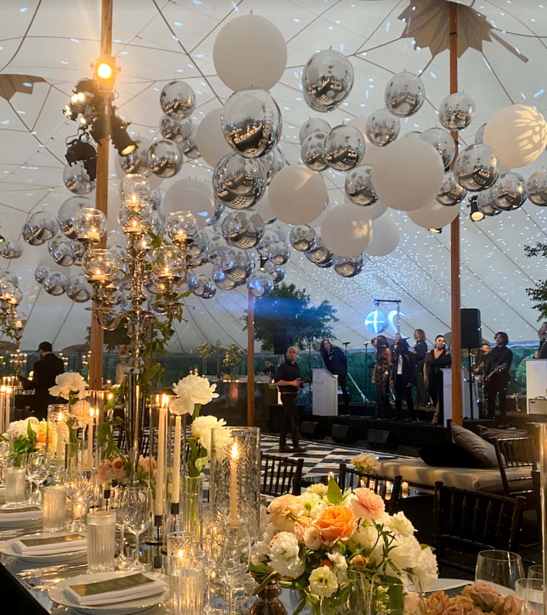 White and Silver Ceiling Balloons for Outdoor Wedding in Tent