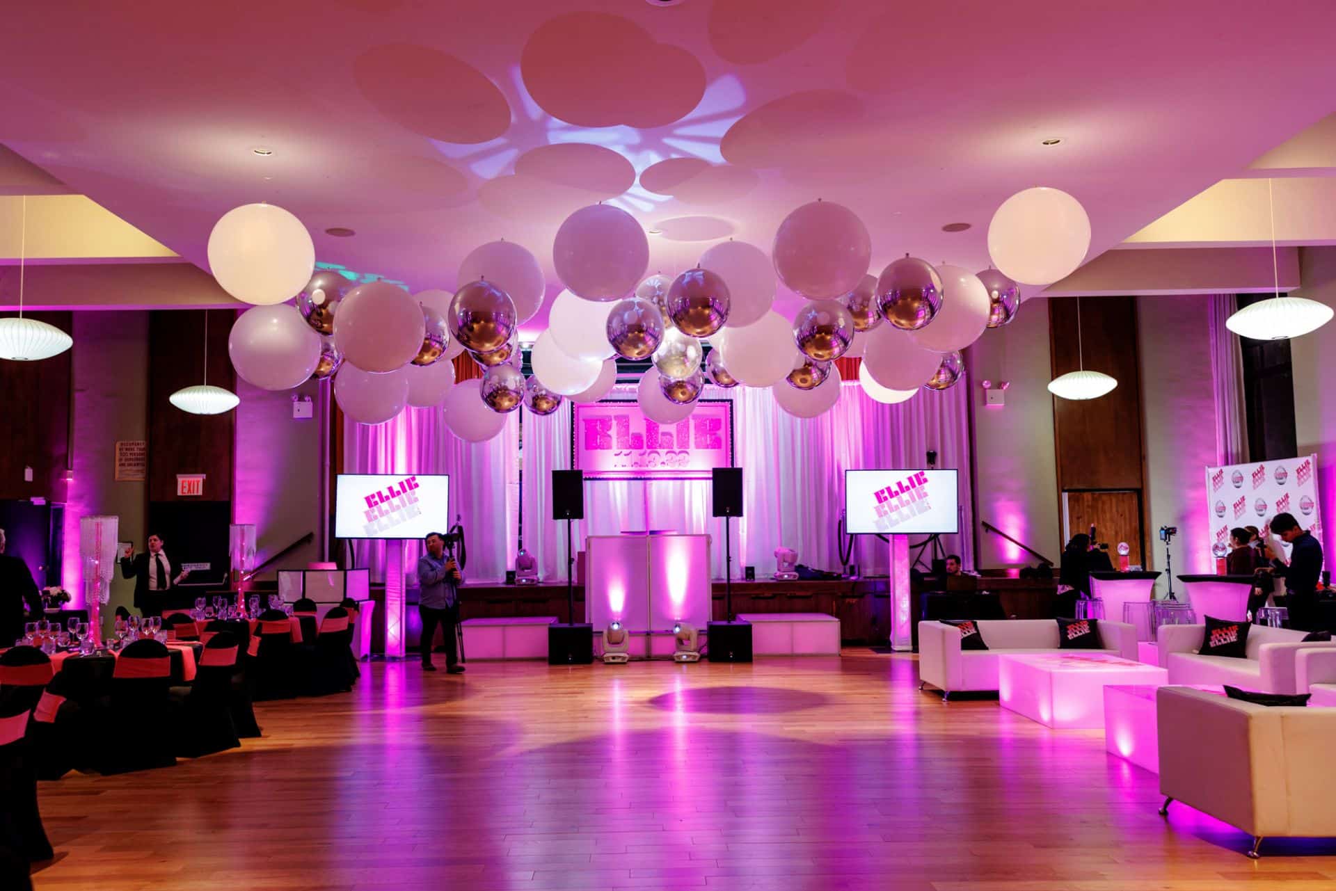 White and Silver Ceiling Balloons over Dance Floor for Bat Mitzvah at CSAIR Riverdale