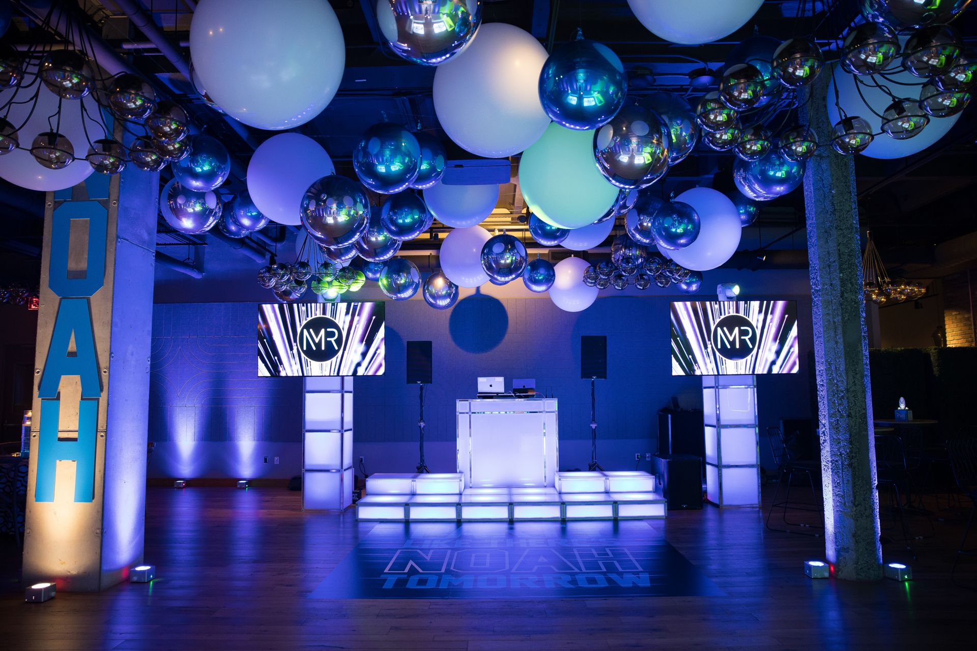 Silver & Blue Metallic Orb and White Latex Balloon Ceiling for a Bar Mitzvah at The Village Stamford