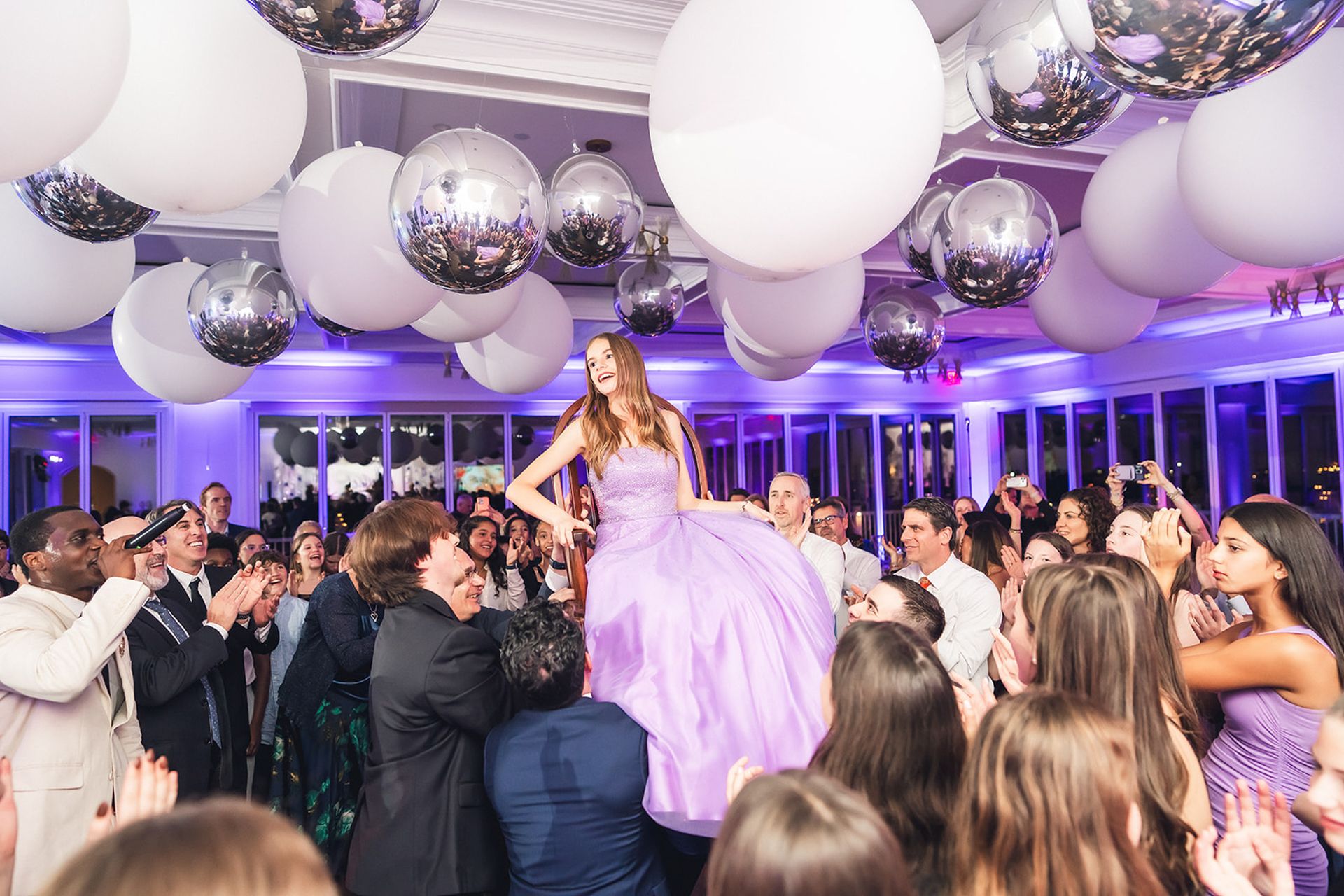 White & Silver Balloon Ceiling Install for a Bat Mitzvah at Coveleigh Club