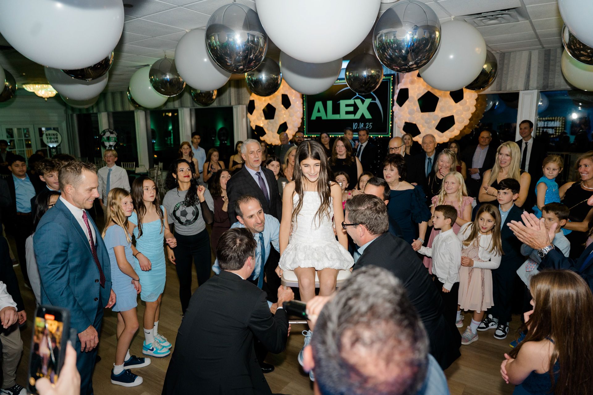 Silver & White Balloon Ceiling Install for a Soccer Theme Bar Mitzvah at Basking Ridge Country Club