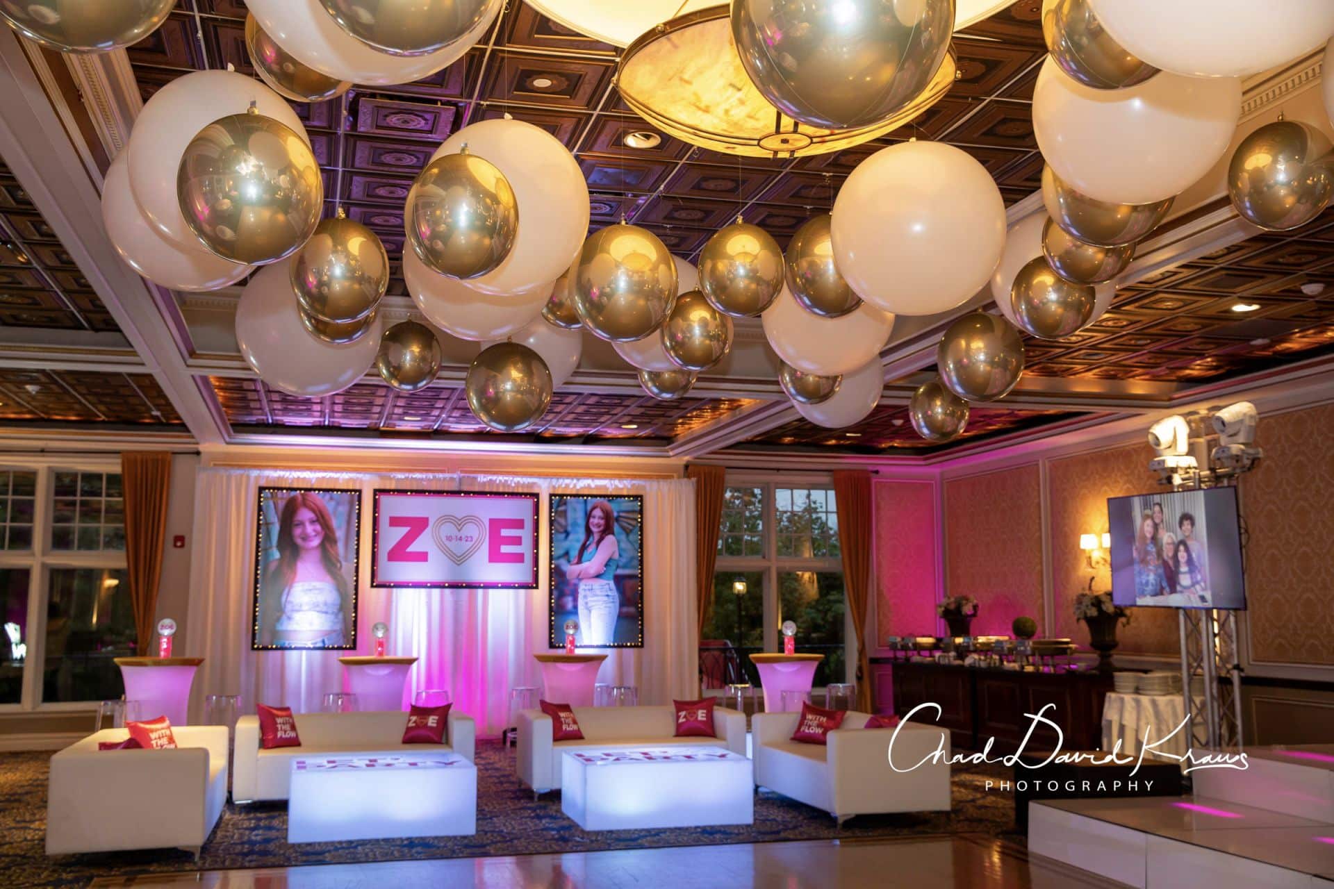 White and Gold Ceiling Balloons with Custom Lounge Setup for Bat Mitzvah at VIP Country Club