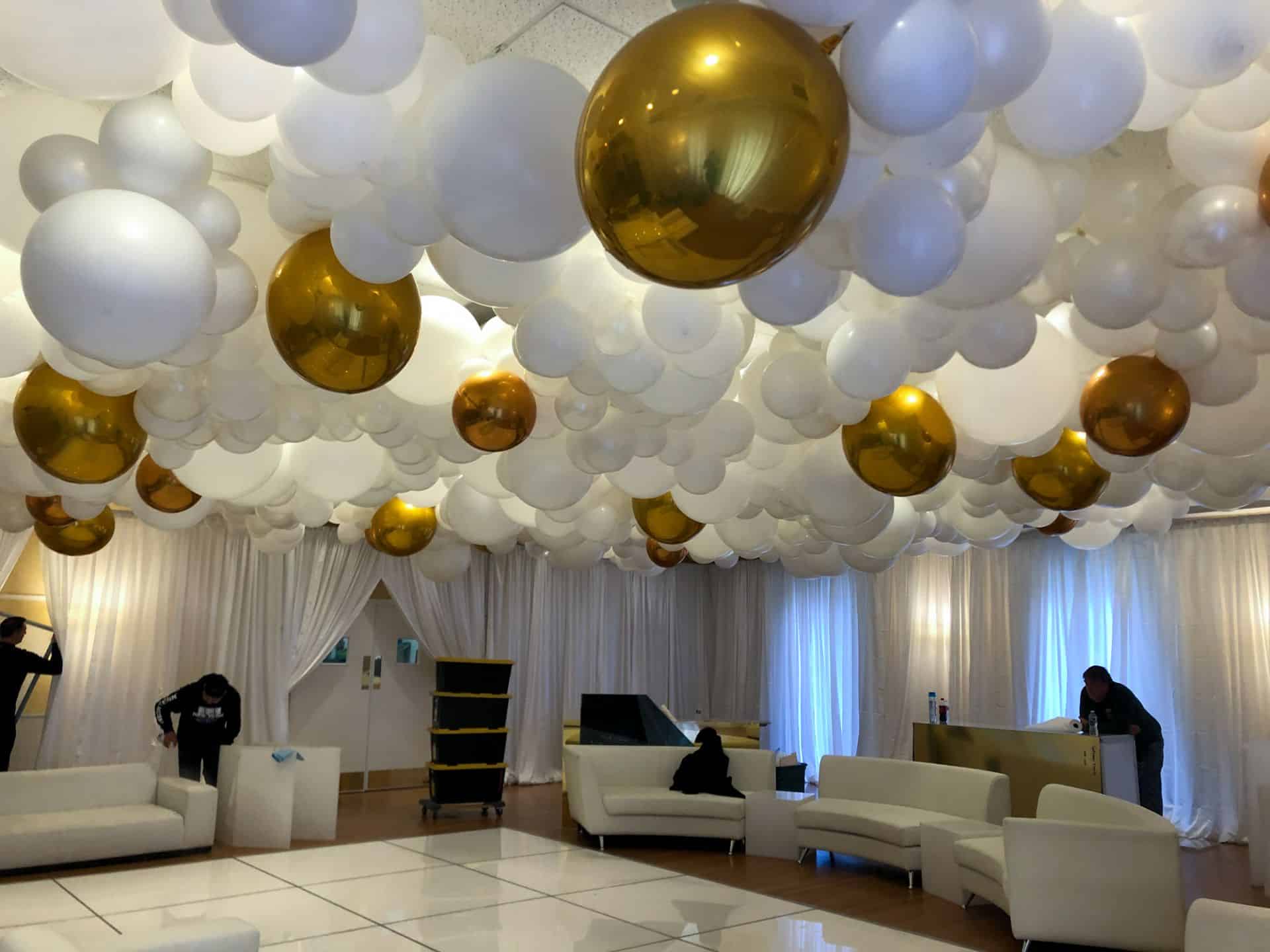 White and Gold Organic Balloon Install over Dance Floor