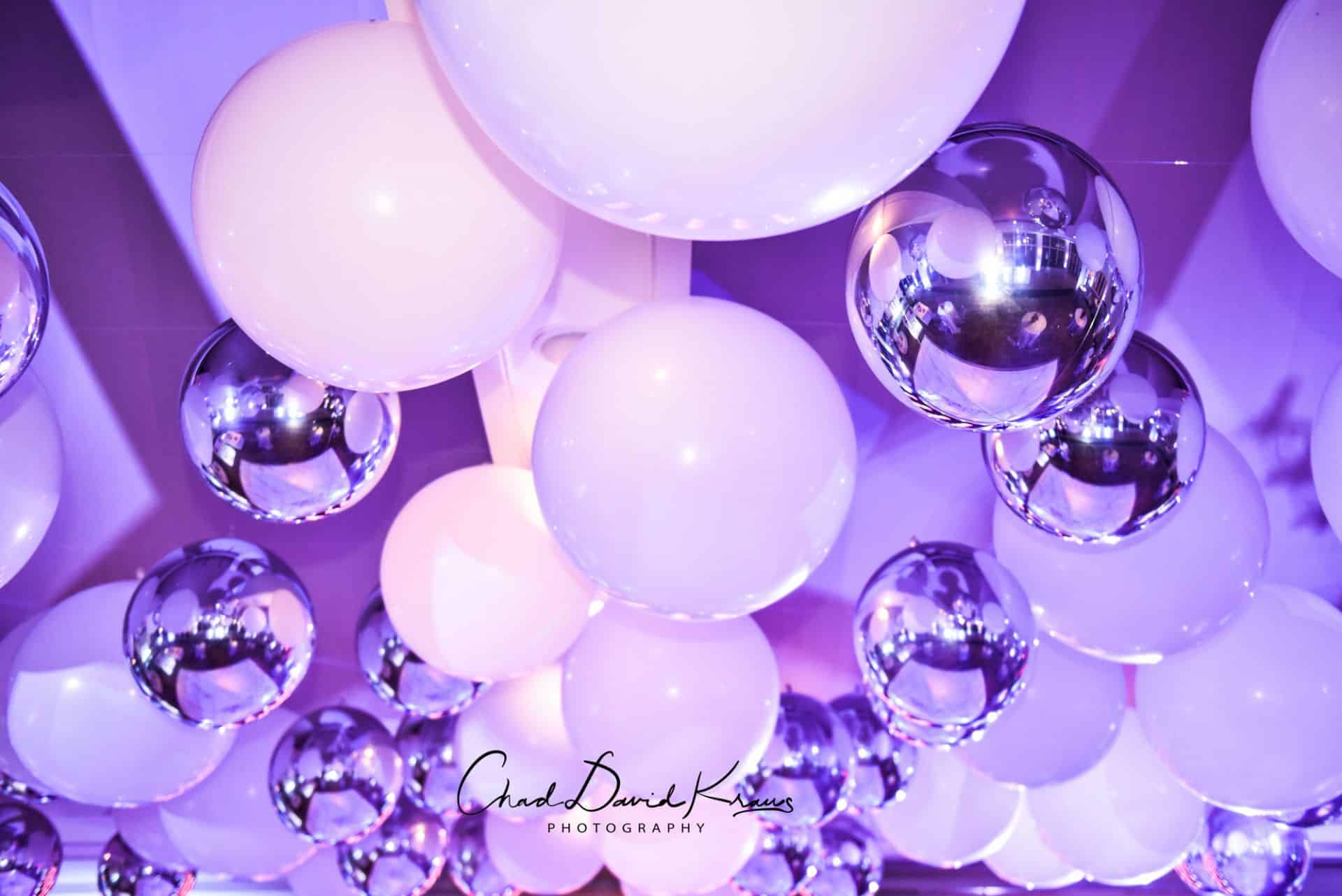 White and Silver Ceiling Balloon Treatment over Dance Floor for Beach Themed Bat Mitzvah at Beach Point Club