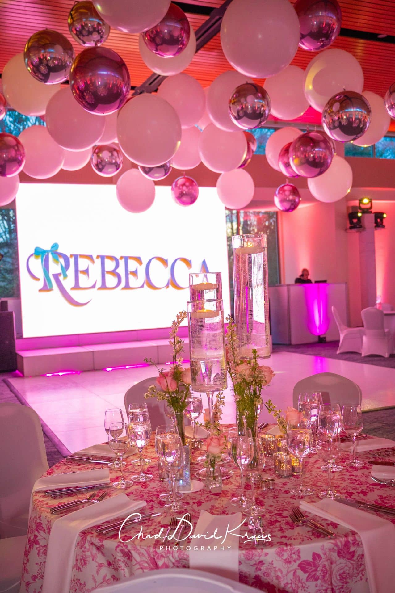 White and Pink Ceiling Orbs for Bat Mitzvah
