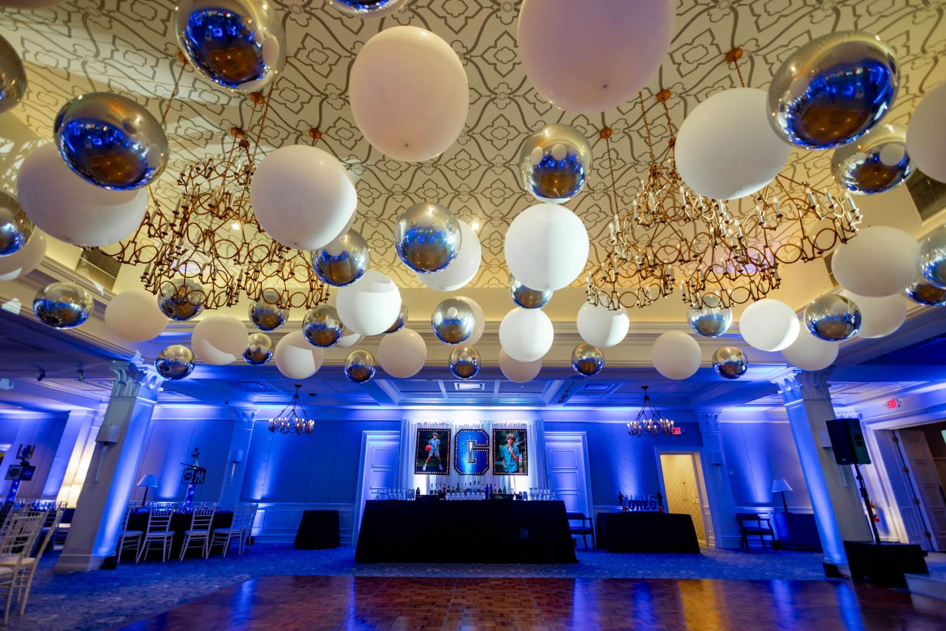 White and Silver Ceiling Balloons and Custom Bar Backdrop with Initials and Photos and Lights at Preakness Hills Country Club