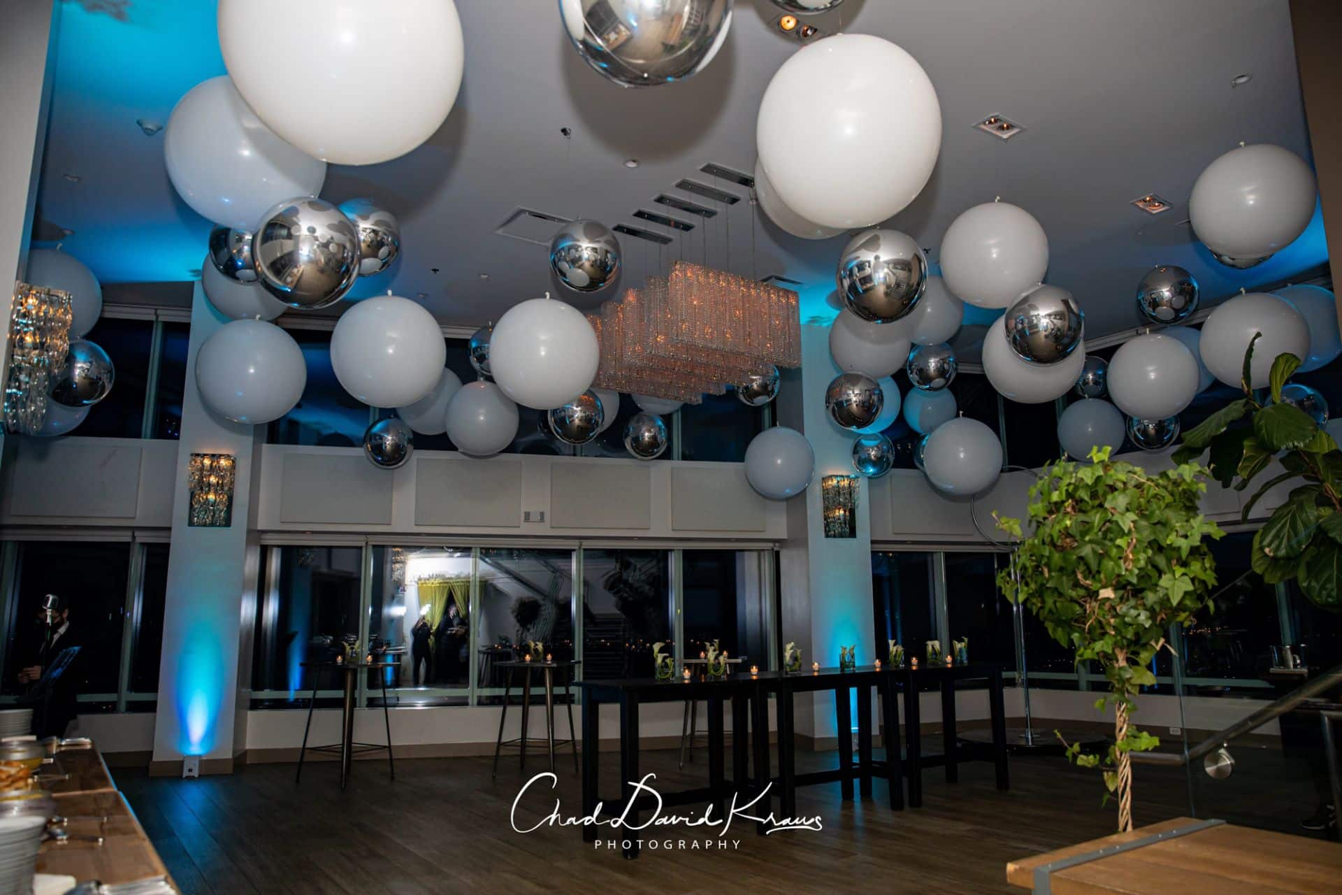 White and Silver Ceiling Balloon Install at Kanopi, White Plains