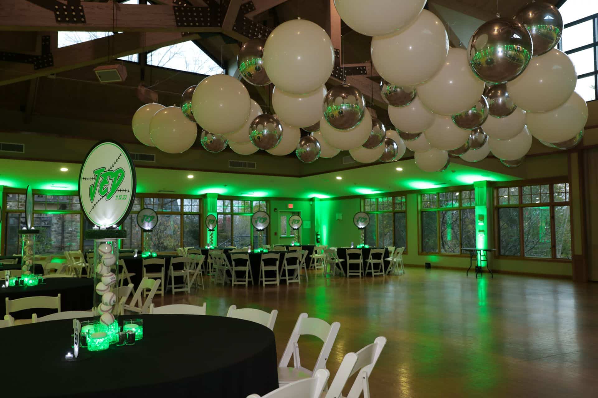 White and Silver Ceiling Balloons over Dance Floor at Bet Am Shalom, White Plains