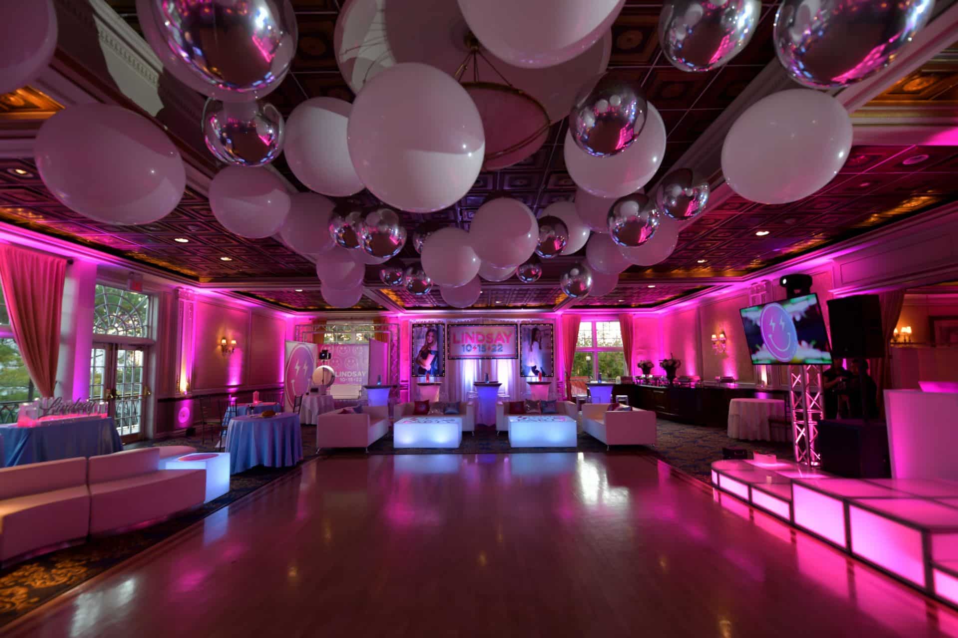 White and Silver Ceiling Balloon Treatment for Bat Mitzvah at VIP Country Club