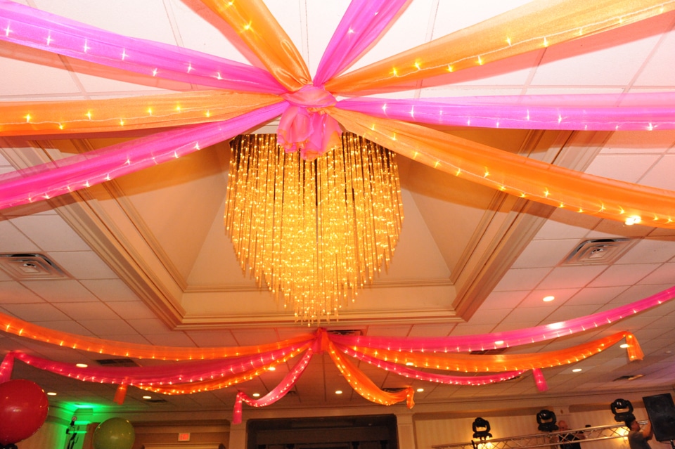 Pink and Orange Organza Swag on Ceiling with Lights
