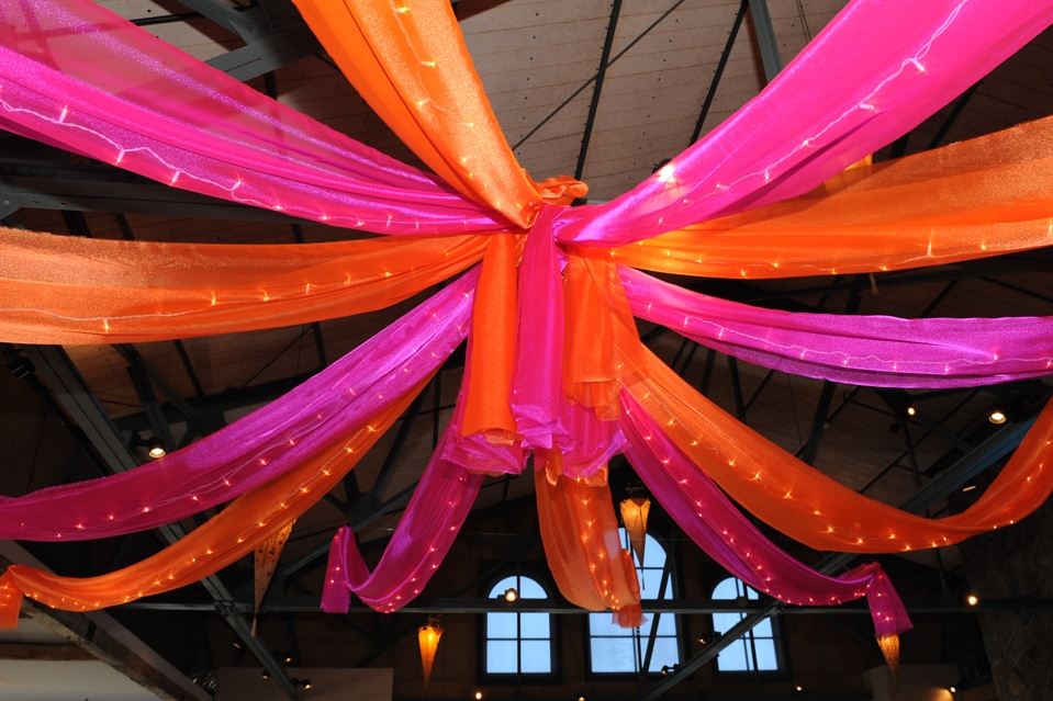 Hot Pink and Orange Sparkle Organza with Lights over Dance Floor