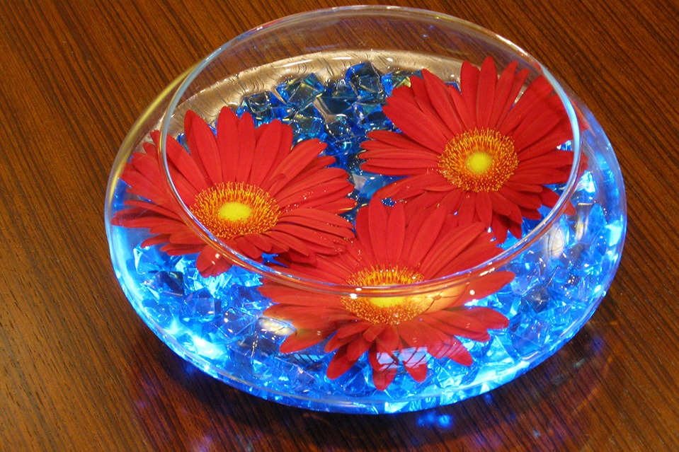 Blue and Orange Cocktail Centerpiece with Gerber Daisy and LED Lights