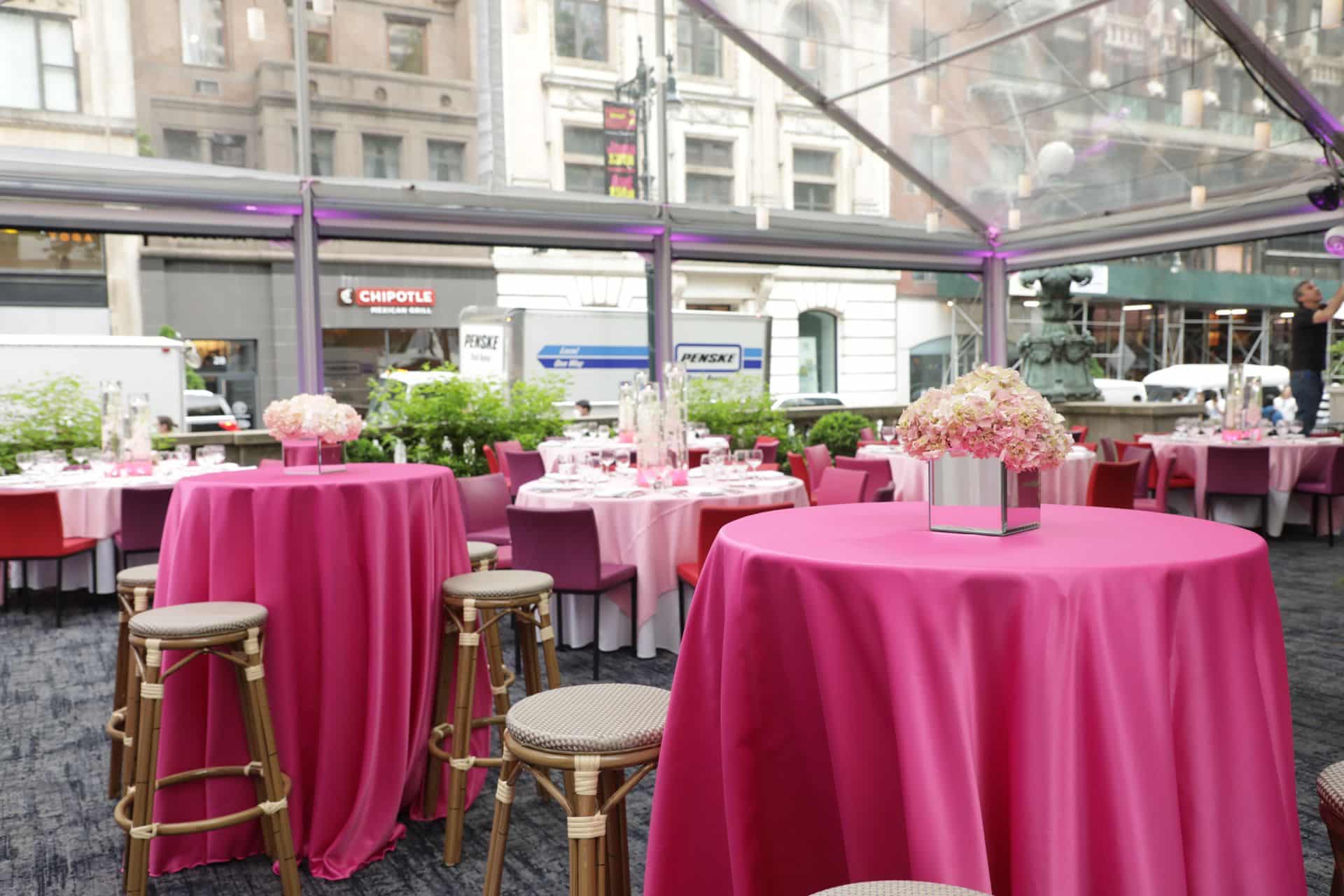 Pink Hydrangeas in Mirror Vase Cocktail Centerpiece