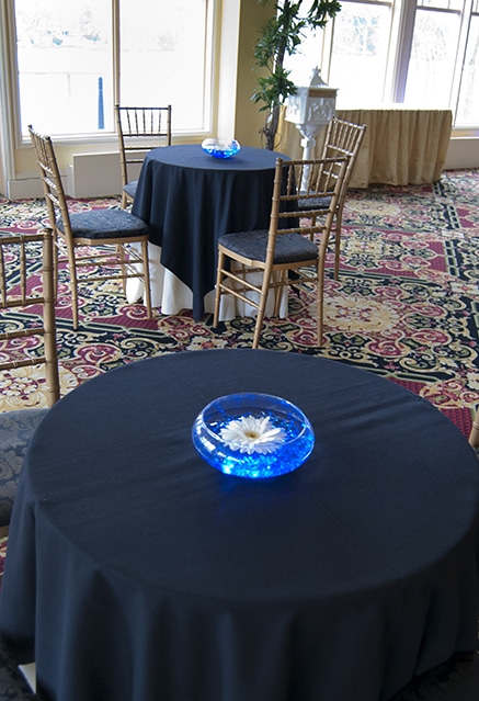 Glass Bowl with Blue Chips, LED Lights and Floating Gerber Daisy