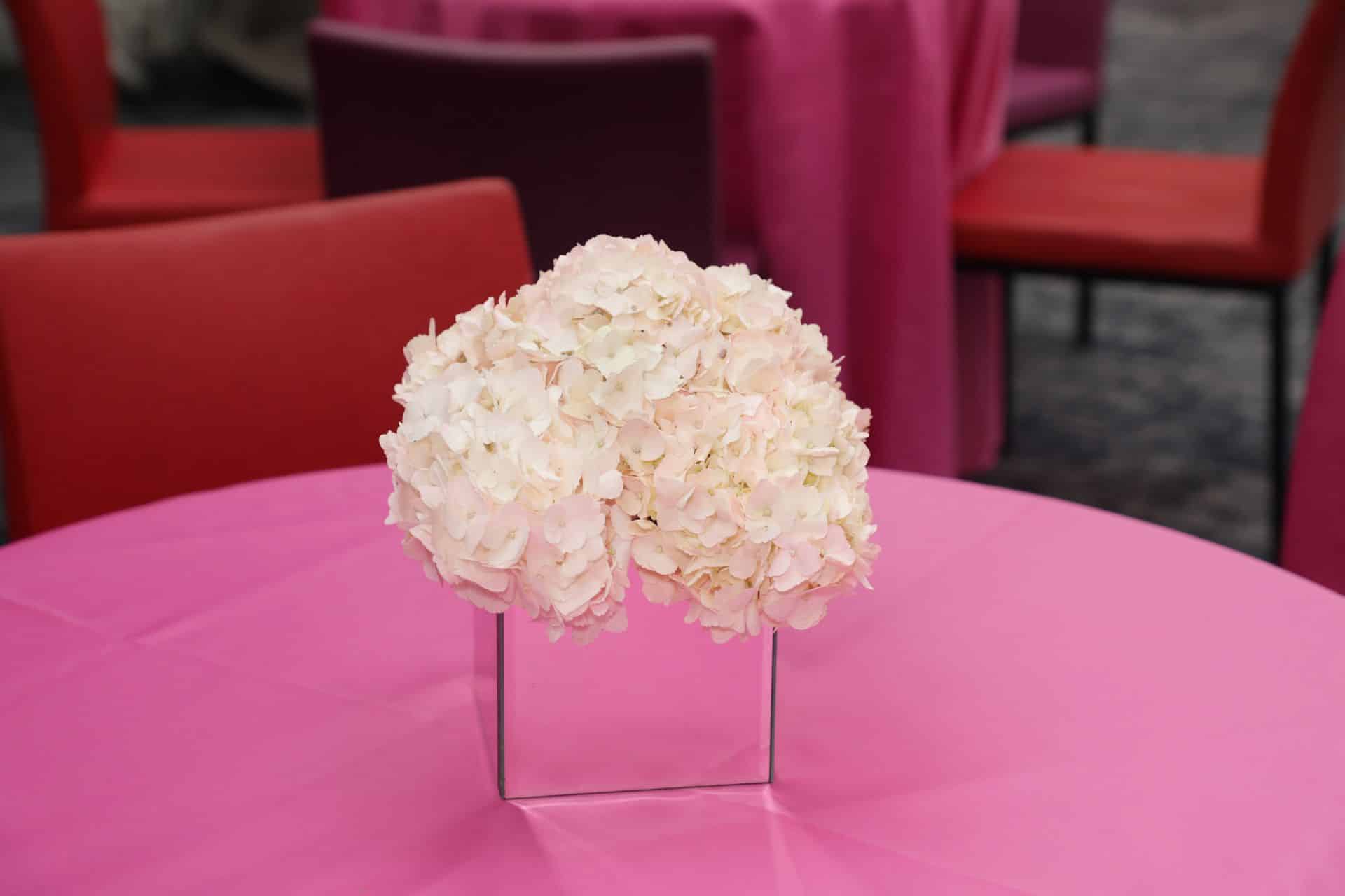 Hydrangeas in Mirror Vase Cocktail Centerpiece