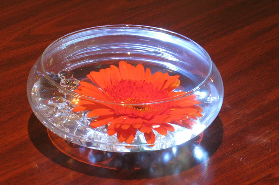 Crystal Chips and Floating Gerber Daisy in Glass Bowl Centerpiece