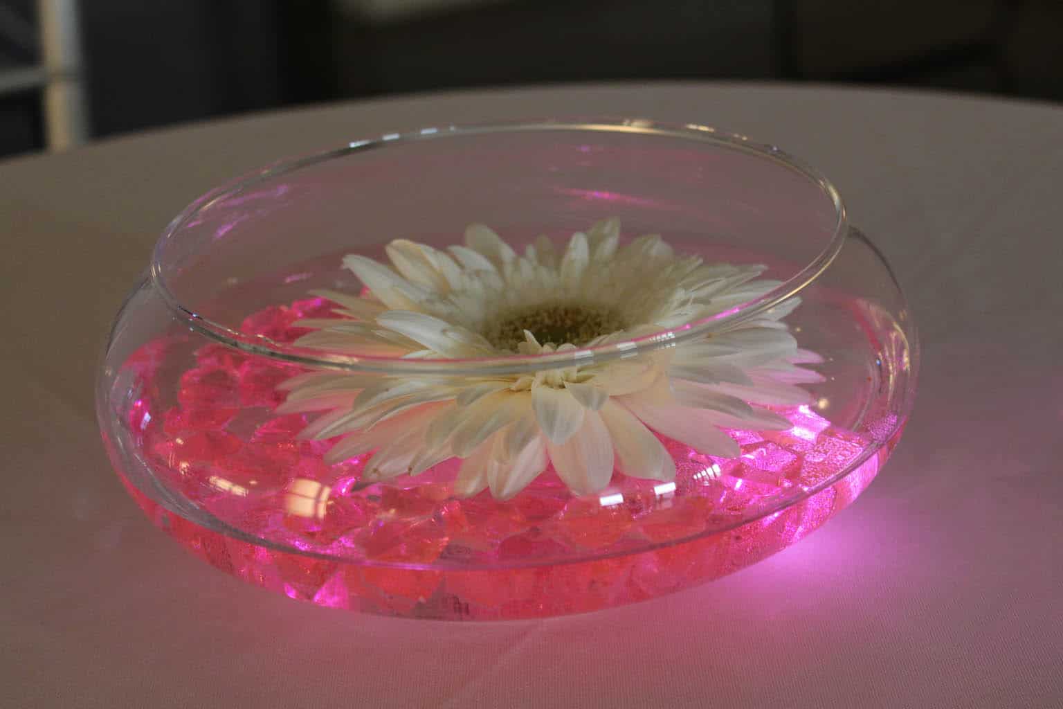 Bowl with Crystal Chips, LED Lighting and Floating Gerber Daisy for Cocktail Hour