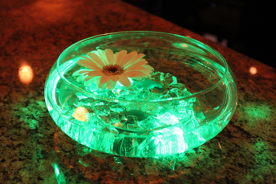 Glass Bowl with Crystal Chips , Water and Floating Gerber Daisy