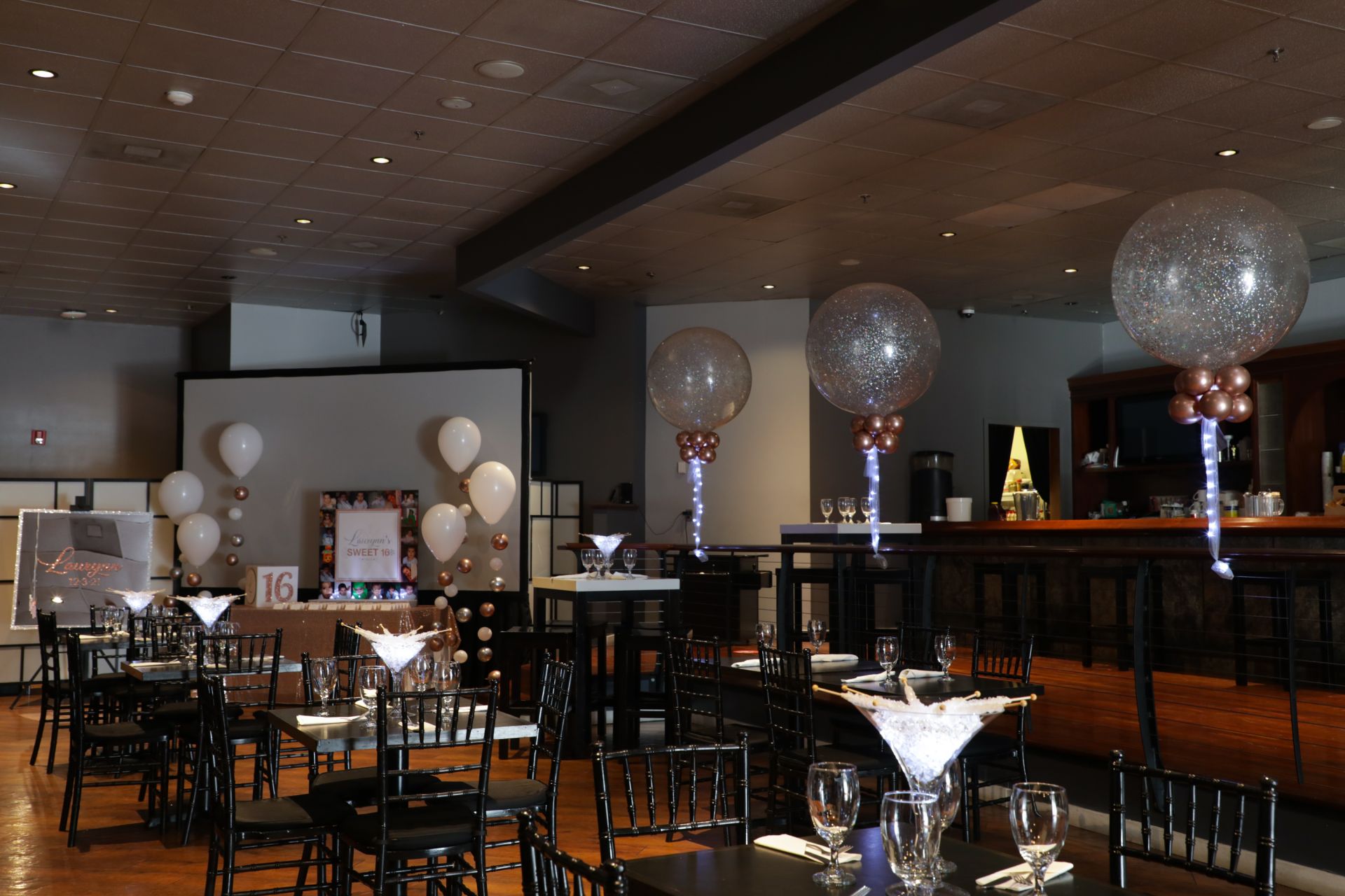 LED Clear Rock Candy Cocktail Centerpiece with Clear Chips, LED Sparkle Balloons Near Bar, Custom Mirror Sign in Board, Bubble Balloon Stands, Place Cards with Display and Custom Gift Box for Sweet Sixteen Party Decor