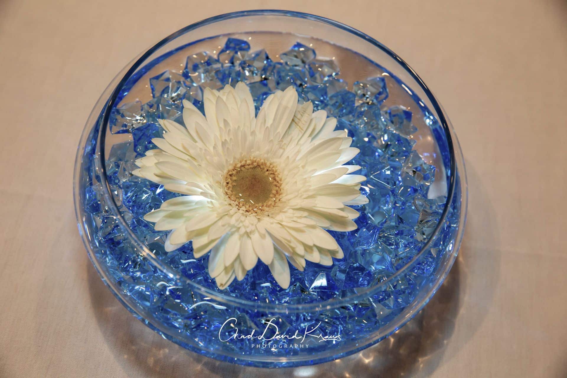 Daisy Cocktail Centerpiece with Blue Chips for a Bat Mitzvah
