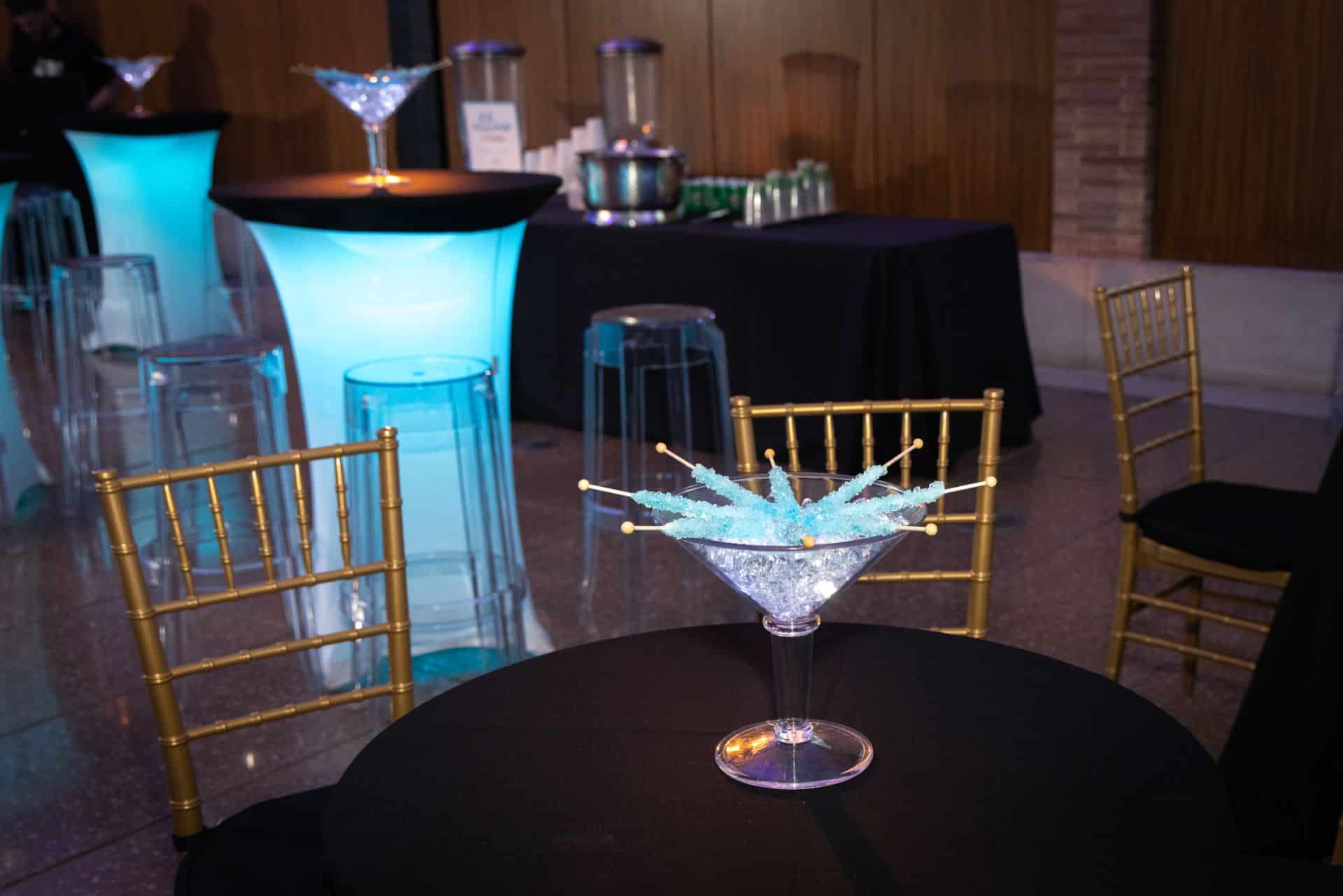 Blue Rock Candy Centerpieces on LED Hightop Tables