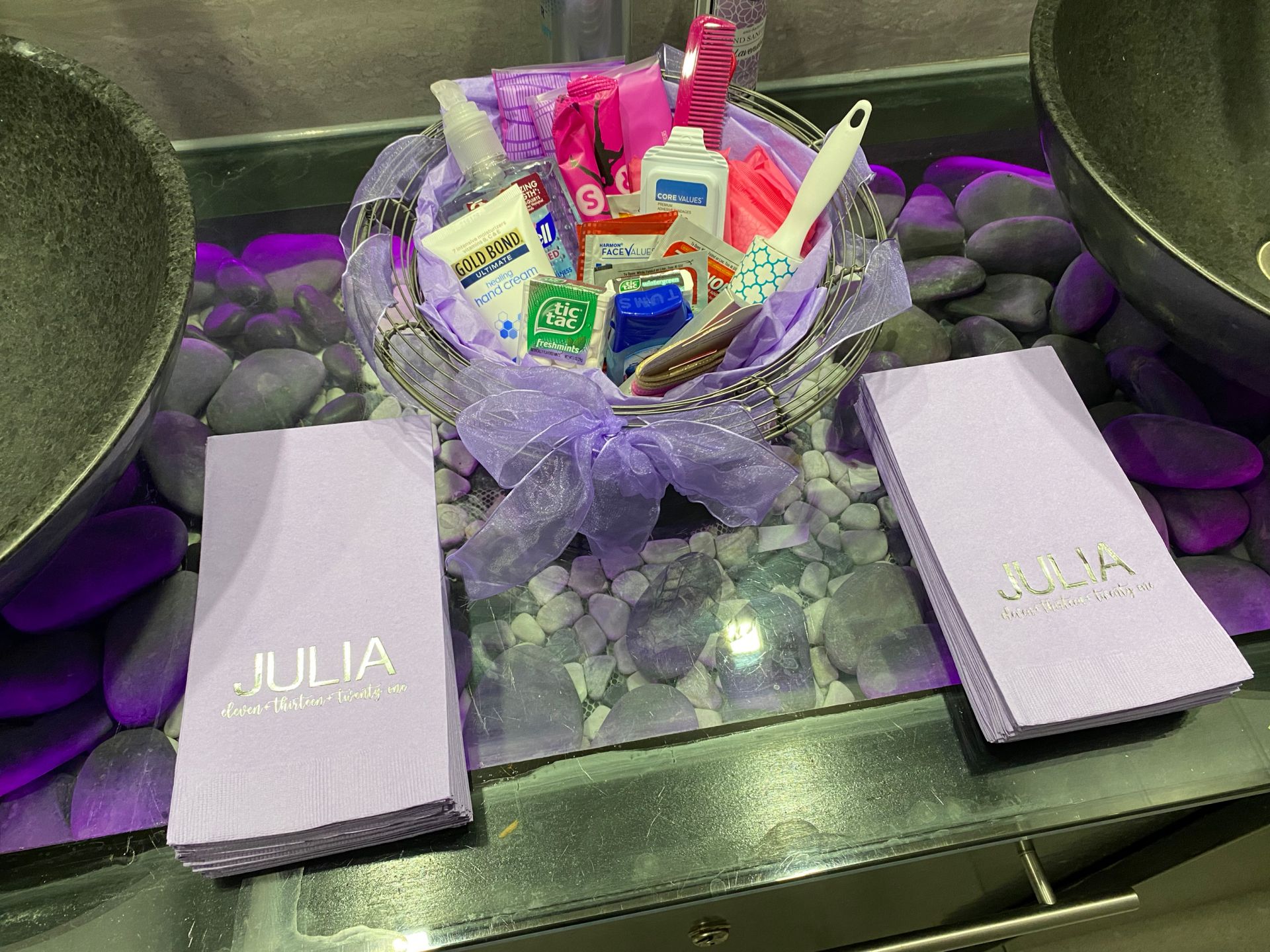 Custom Lavender Guest Towels with Silver Foil Logo and Ladies Room Basket for Bat Mitzvah