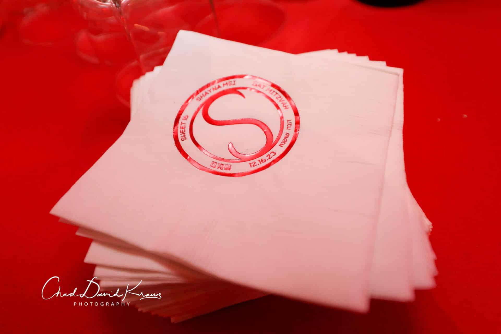 Custom White Napkins with Red Foil Logo