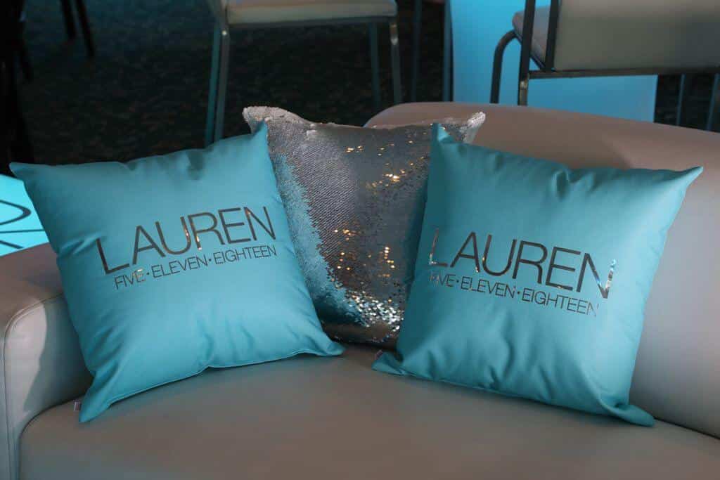 Turquoise Pillow with Metallic Silver Logo for Bat Mitzvah Lounge