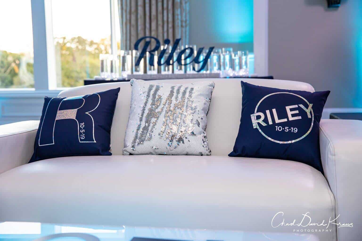 Custom Logo Pillow with Hollographic Vinyl for Bat Mitzvah Lounge