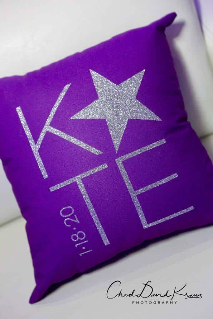Custom Bat Mitzvah Pillow with Glittered Silver Logo