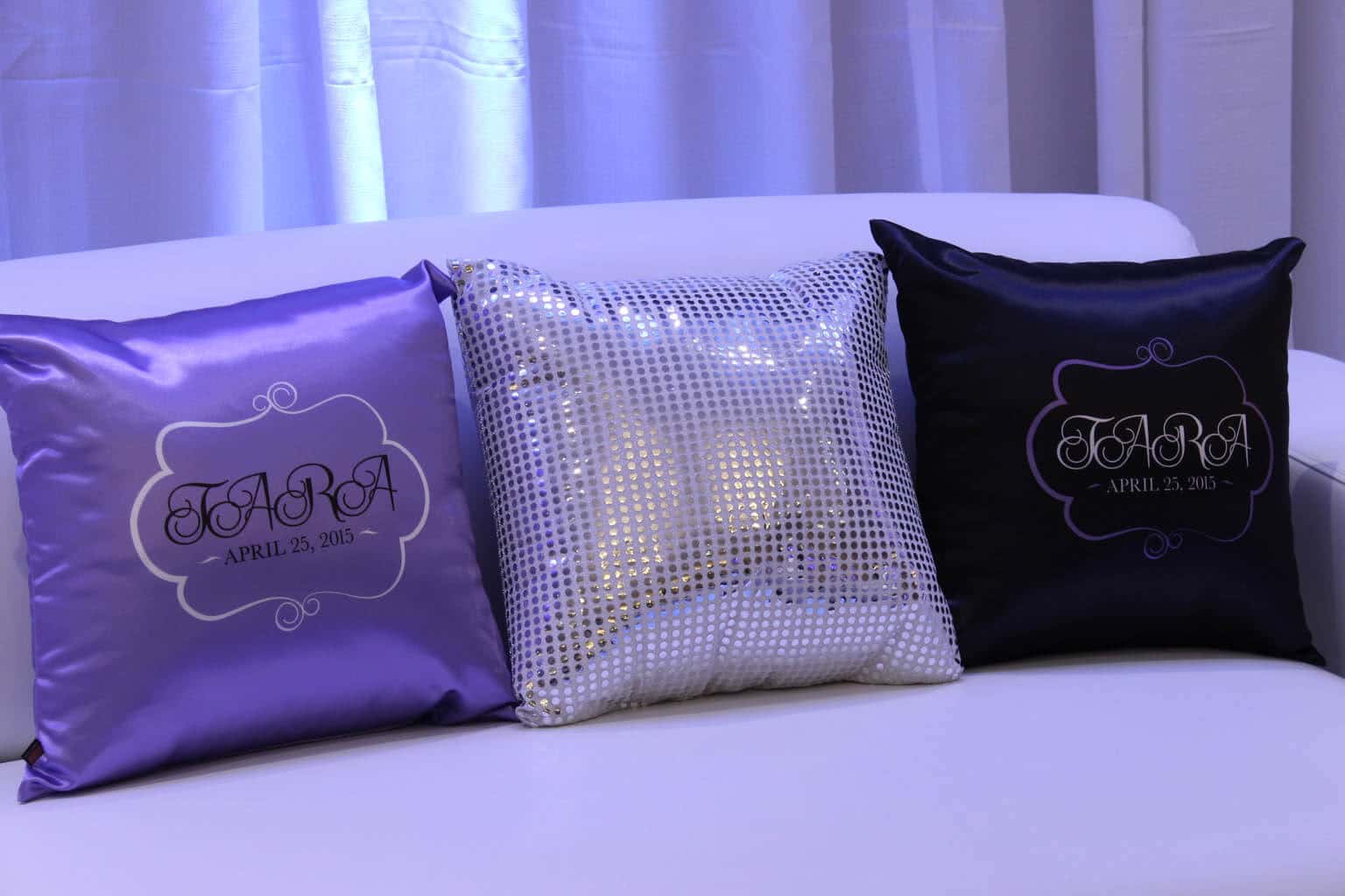 Lavender and Black Lounge Pillows with Custom Logo and Silver Sequin Bling Pillows for Sweet 16 Lounge