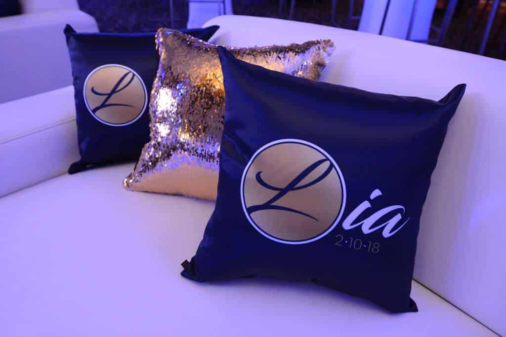 Custom Bat Mitzvah Logo Pillows and Gold Blingy Pillows