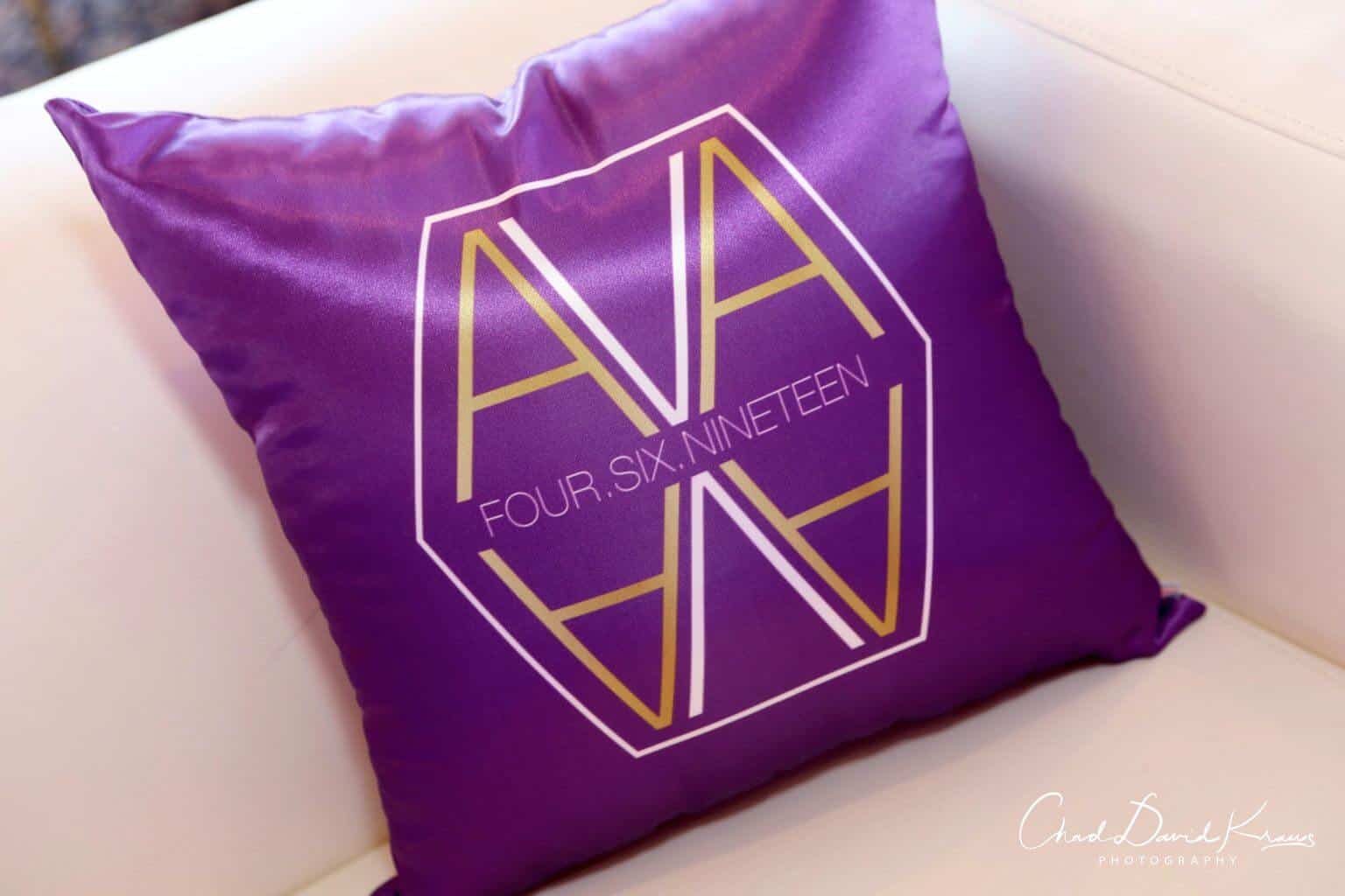 Custom Purple and Gold Logo Pillows with Gold Bling Accent Pillows
