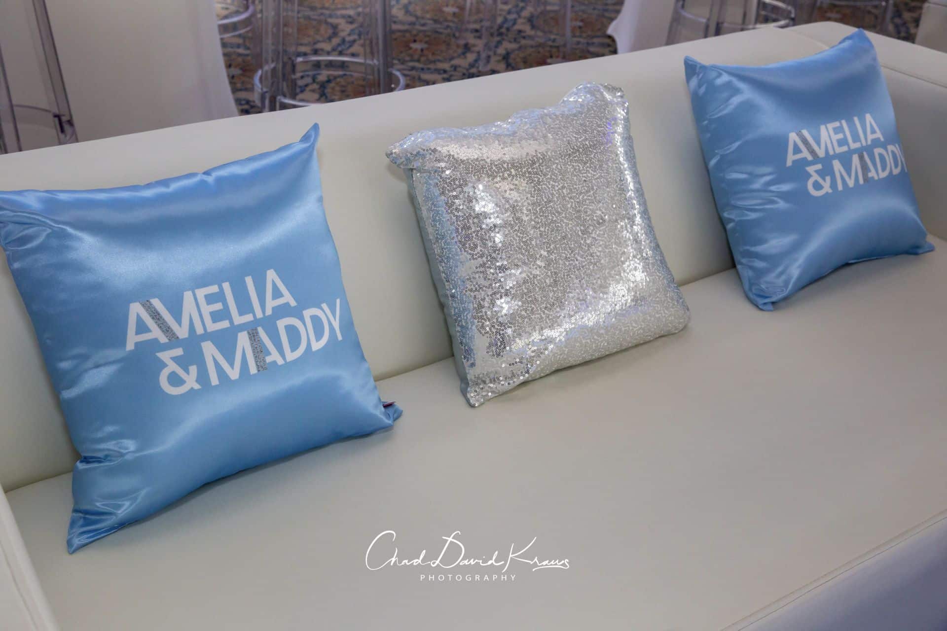 Pale Blue and Silver Logo Pillows for Bat Mitzvah