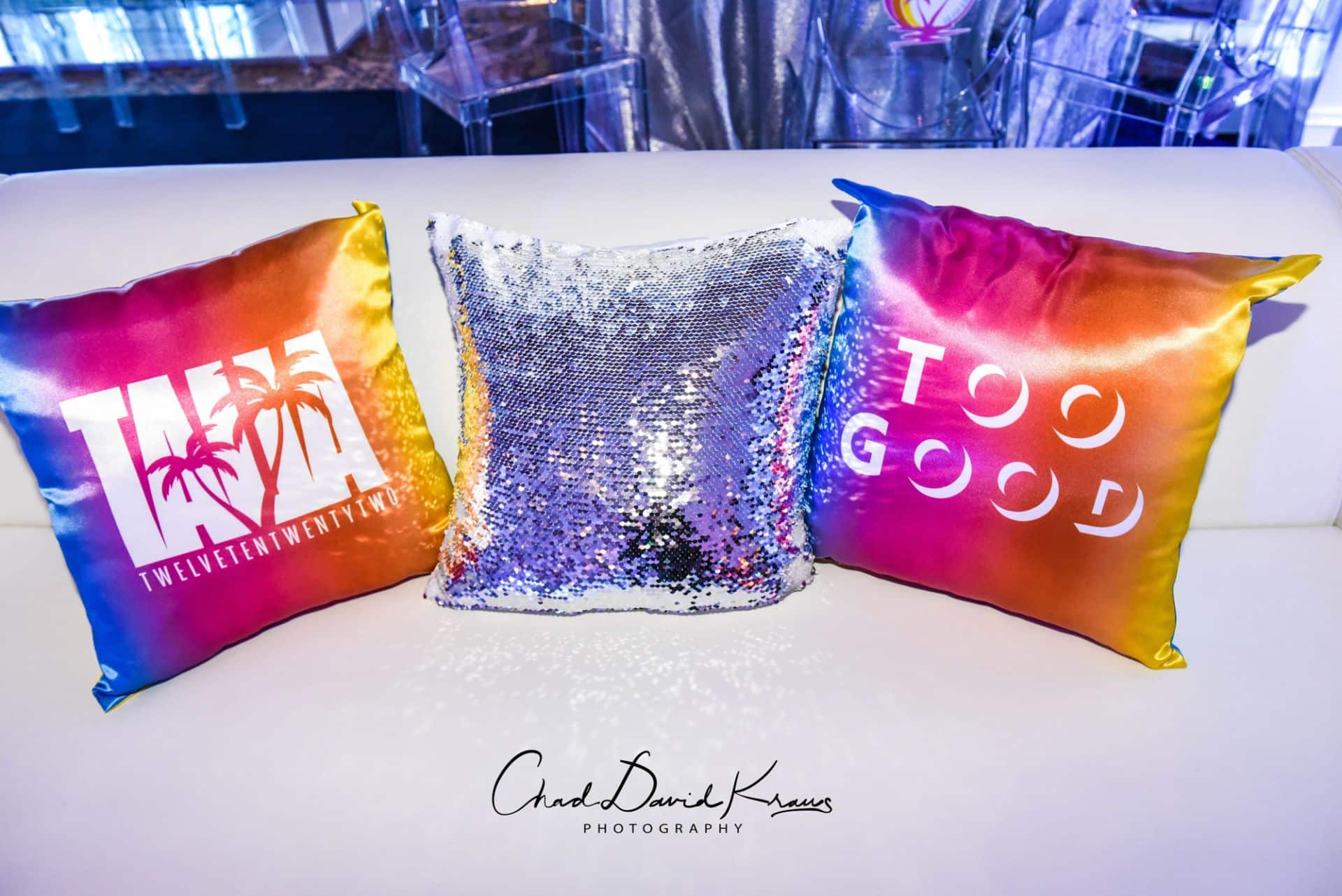 Beach Themed Custom Logo Pillows and Silver Blinky Pillows