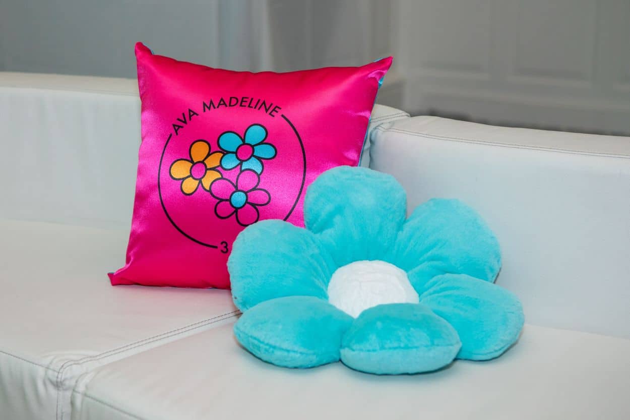 Hot Pink Custom Logo Pillow for a Flower Theme Bat Mitzvah at Whippoorwill Country Club