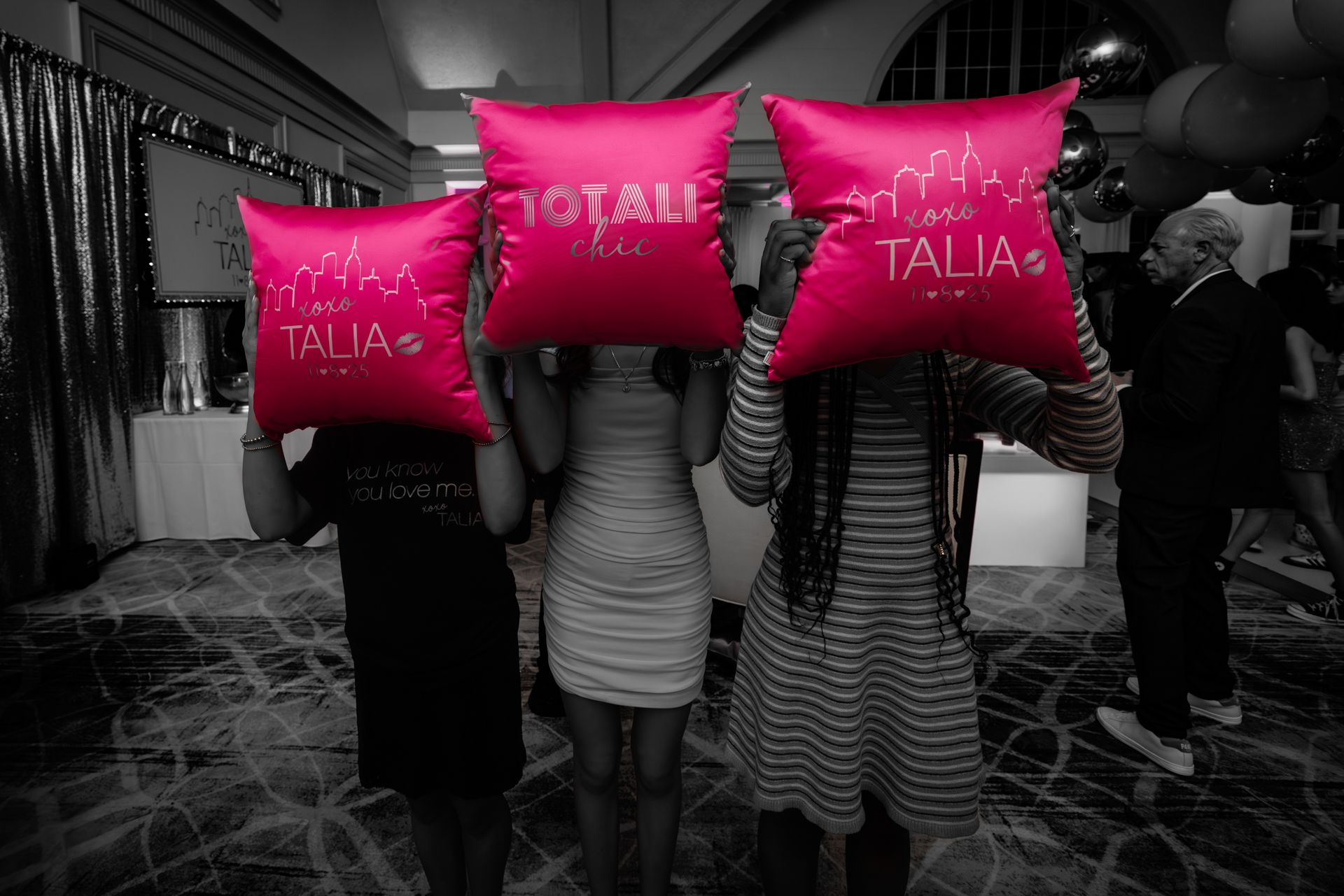 Custom Hot Pink Logo Pillow for a Bat Mitzvah at Orange Lawn Country Club