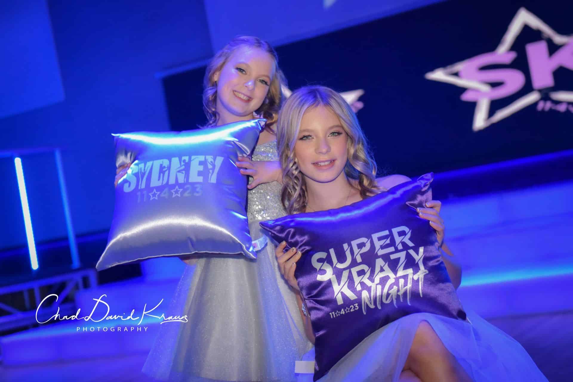 Purple and Lavender Pillows with Custom Logo for Bat Mitzvah at Club Infinity