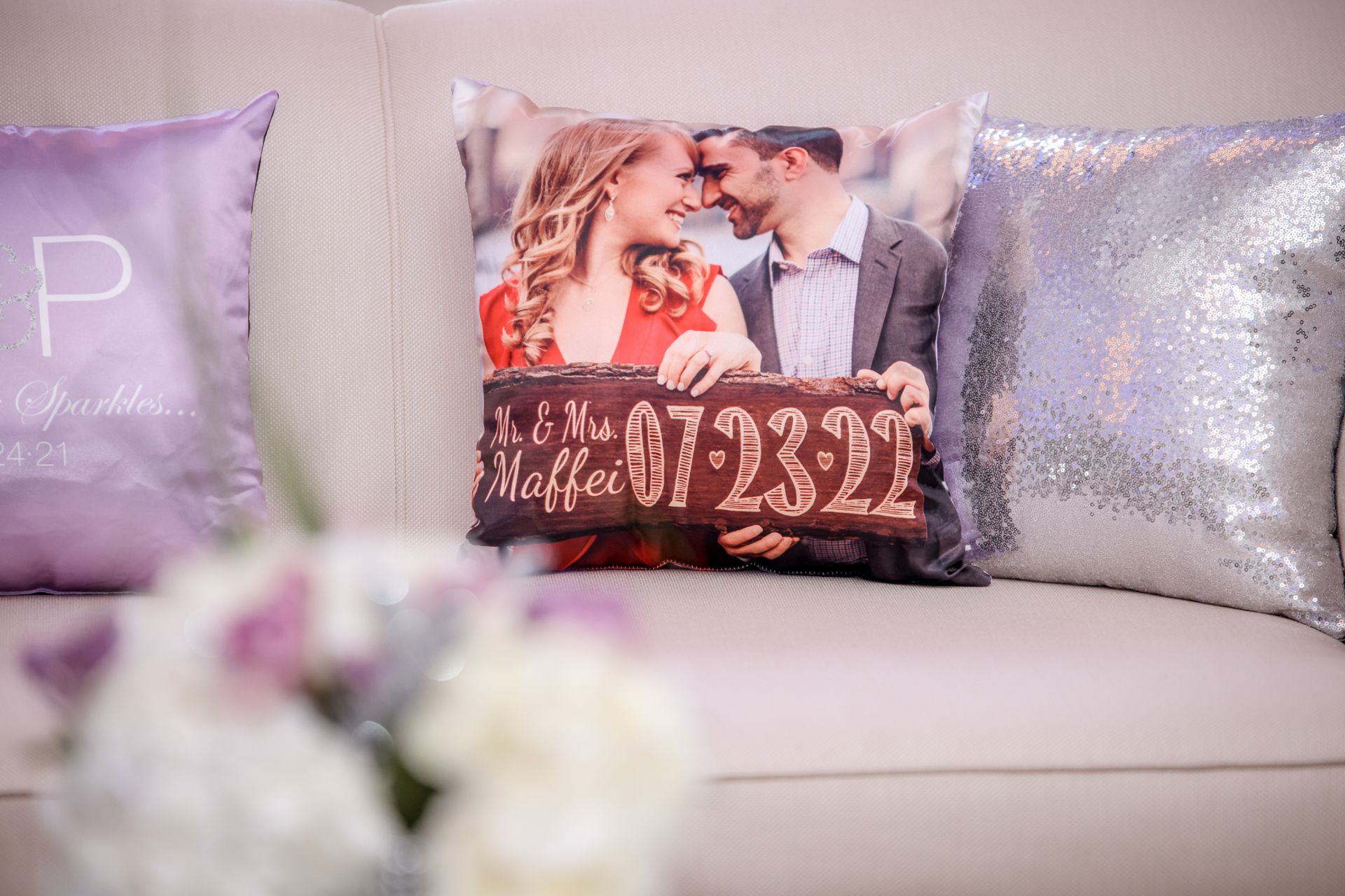 Custom Pillow with Couple's Picture and Bling Pillow for Engagement Party Lounge Set Up