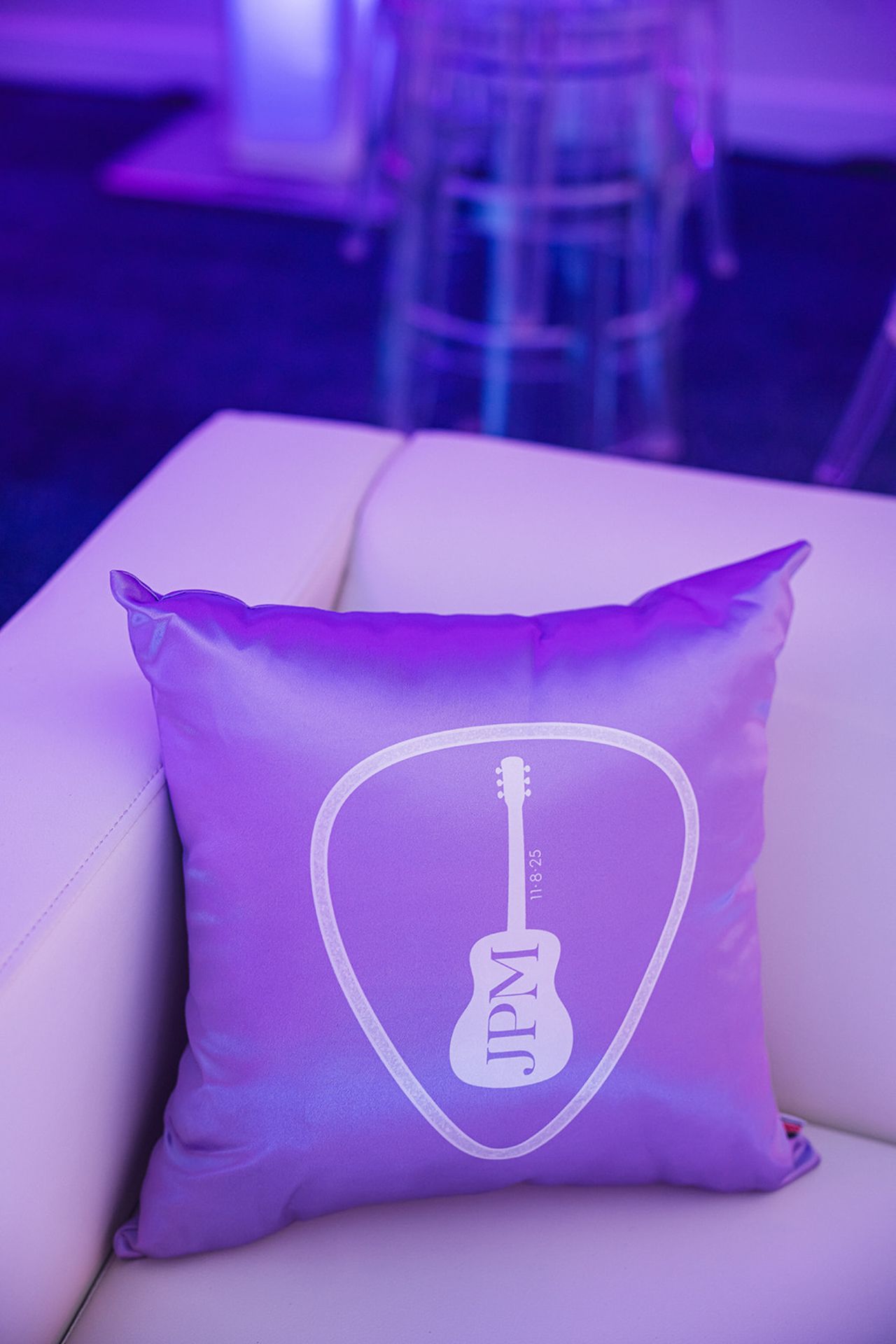 Lavender Custom Pillow with Guitar Pick for a Music Theme Bat Mitzvah