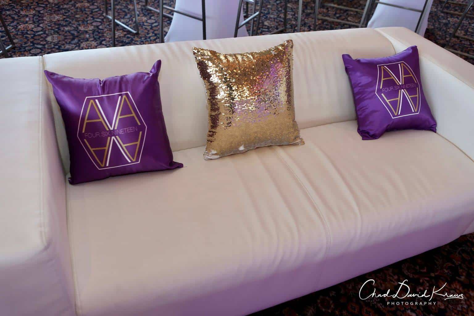 Custom Purple and Gold Logo Pillows with Gold Bling Accent Pillows
