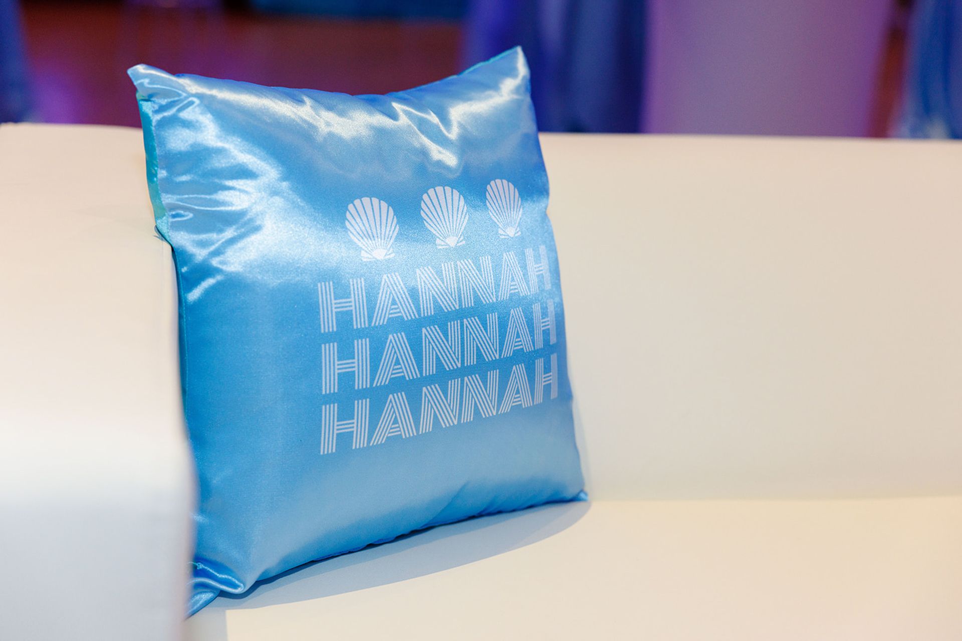 Blue Custom Logo Pillow for a Beach Theme Bat Mitzvah at TIC