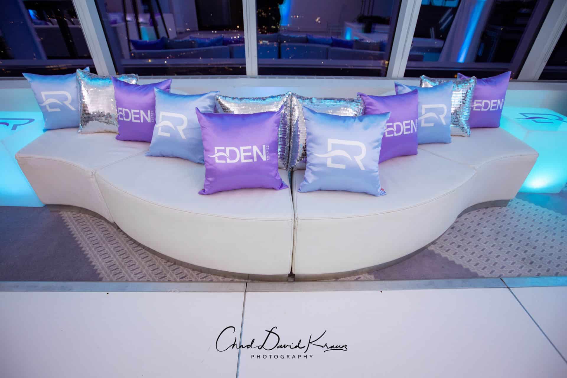 Light Blue and Lavender Logo Pillows for Surf Themed Bat Mitzvah
