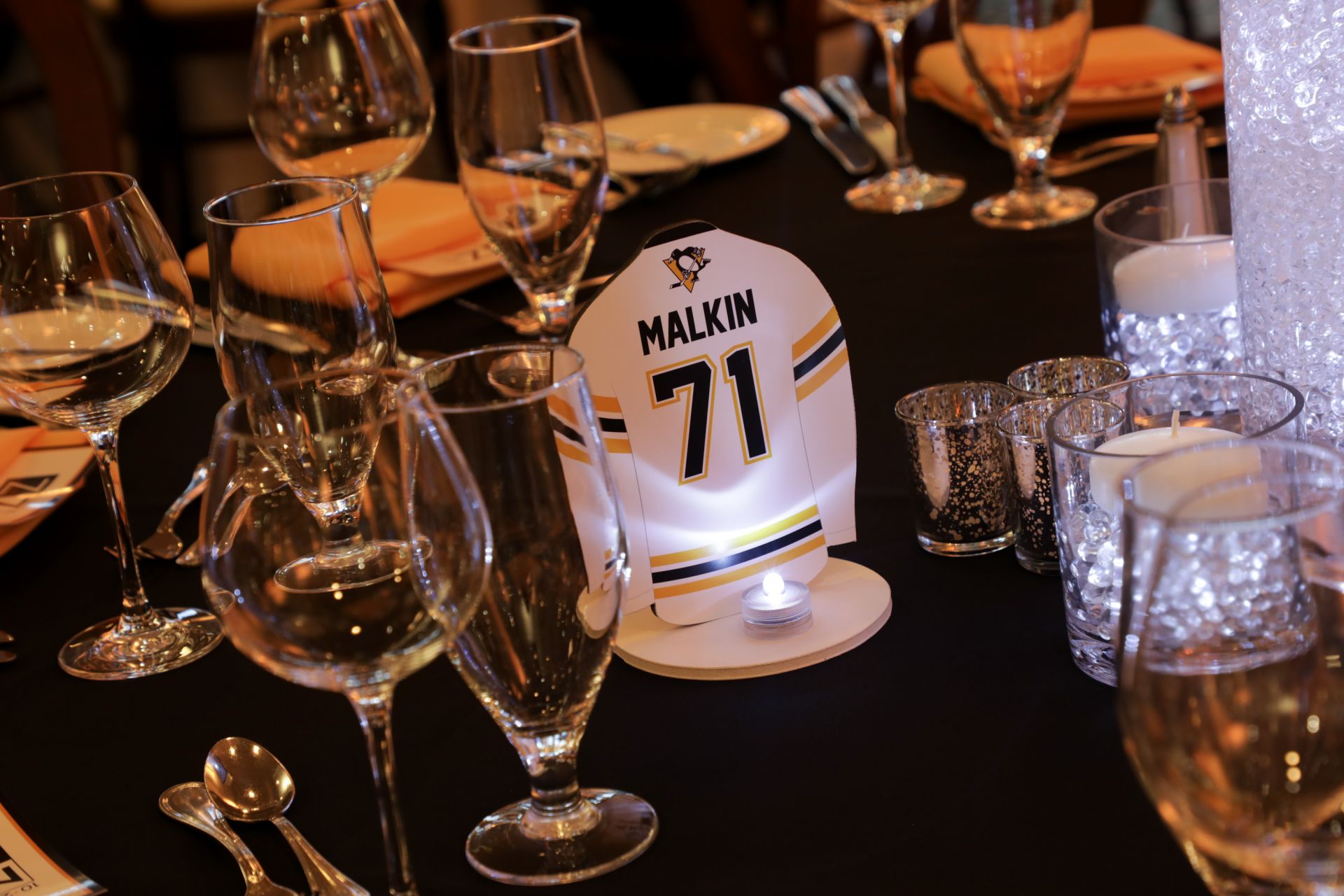 Custom Cutout Penguins Jersey Table Sign for Sports Themed Bar Mitzvah