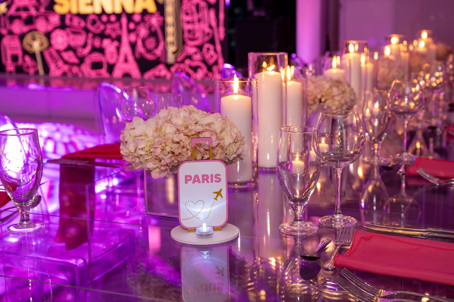 Custom Travel Themed Table Signs for a Bat Mitzvah at Scarsdale Golf Club