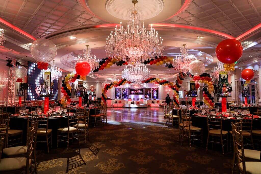 Red, Black andGold Balloon Wrap around Dance Floor for Broadway Themed Bar Mitzvah at The Rockleigh, NJ