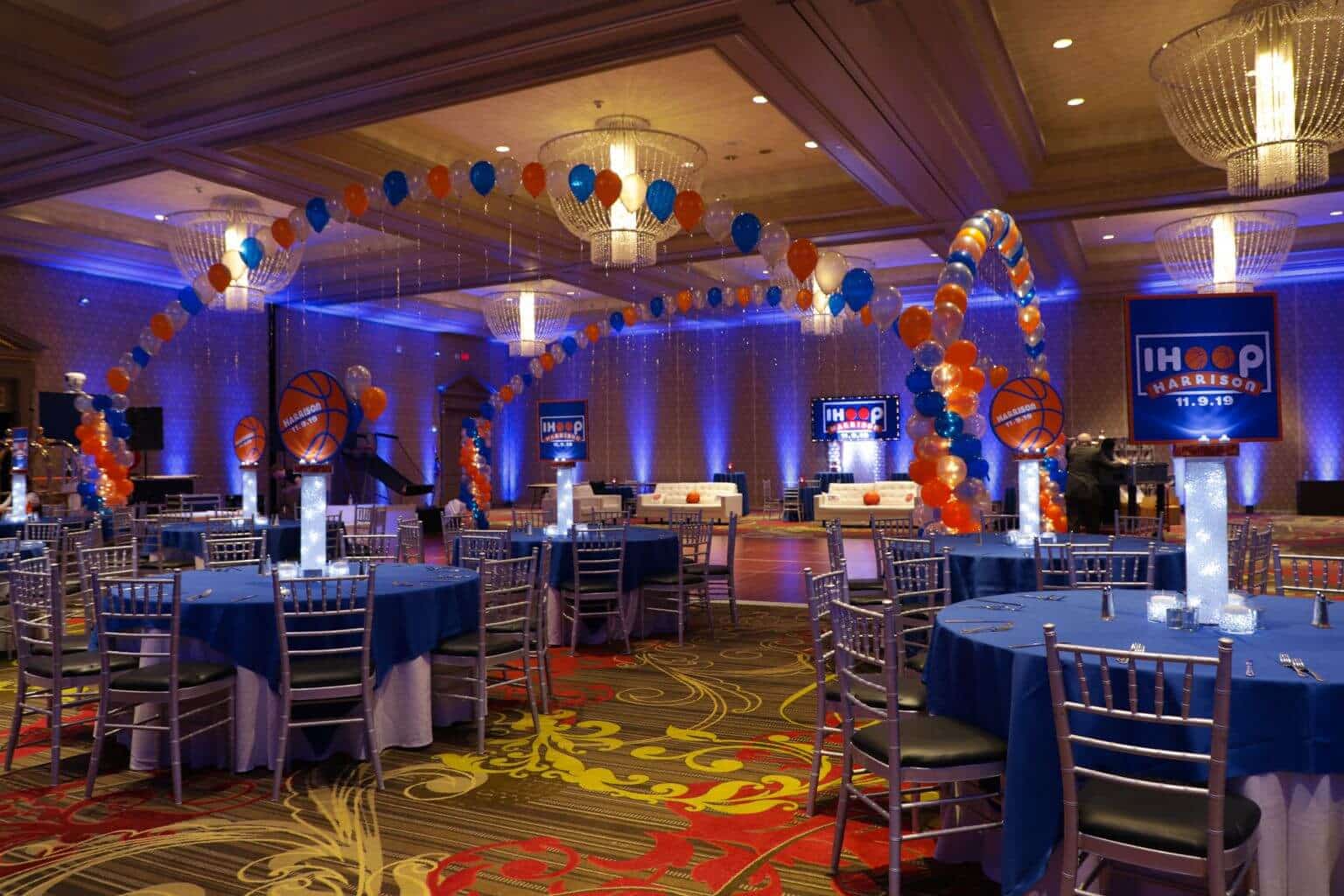 Blue and Orange Balloon Gazebo with Lights for Basketball Themed Bar Mitzvah at the Hilton Westchester